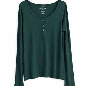 American Eagle Outfitters Dark Teal Long-Sleeve Henley